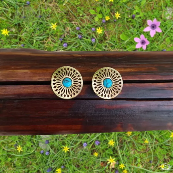 Sun Earrings σετ κοσμημάτων με χρυσό κολιέ δίσκο 25mm και σκουλαρίκια καρφάκι 14mm με τυρκουάζ φυσική πέτρα