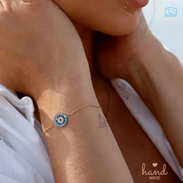 Χειροποίητο βραχιόλι Evil Eye Aqua από ασήμι 925 με μπλε και γαλάζια πέτρα, αυξομειούμενο, διαθέσιμο σε ασημί, χρυσό και ροζ χρυσό.