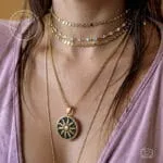 Faethon gold sun pendant necklace from stainless steel with black enamel disk and 50cm foxtail chain
