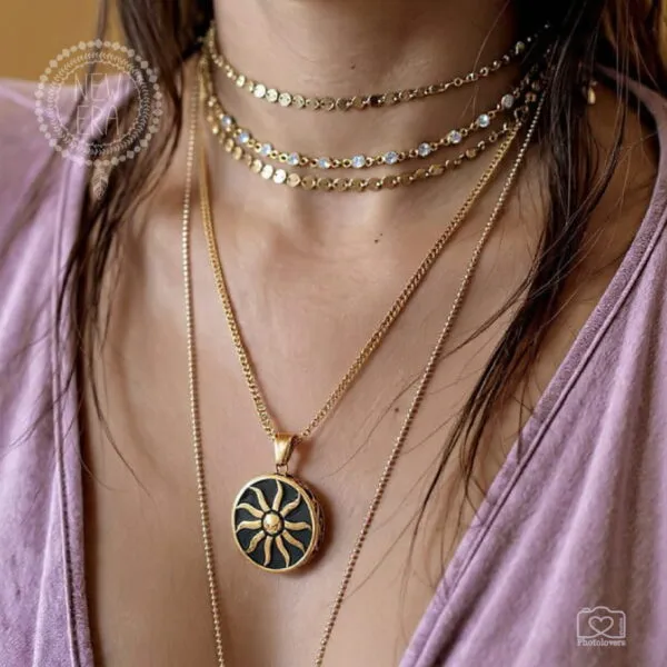 Faethon gold sun pendant necklace from stainless steel with black enamel disk and 50cm foxtail chain