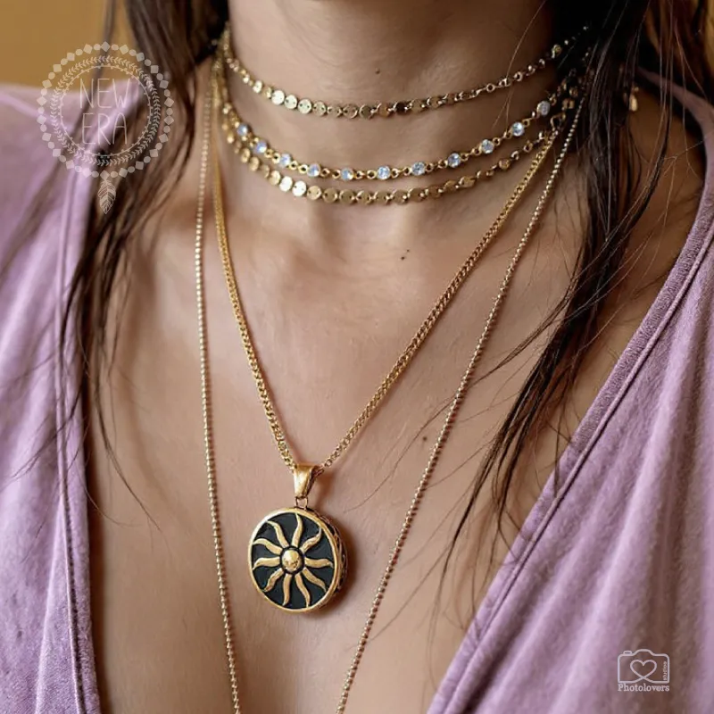 Faethon gold sun pendant necklace from stainless steel with black enamel disk and 50cm foxtail chain