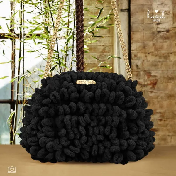 Puffy Bag Mini χειροποίητη μαύρη τσάντα χειρός με επένδυση, μοντέρνα πλεκτή τσάντα ST20.00005