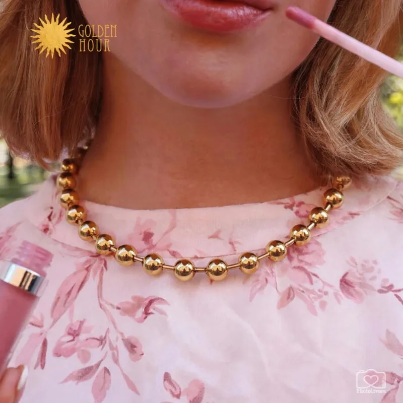 Golden Orbit Necklace Chain ατσάλινο χρυσό τσόκερ με γυαλιστερές μπίλιες 10mm