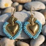 Azure Heart Earrings χρυσά ατσάλινα σκουλαρίκια καρδιά με γαλάζιες χάντρες 38mm